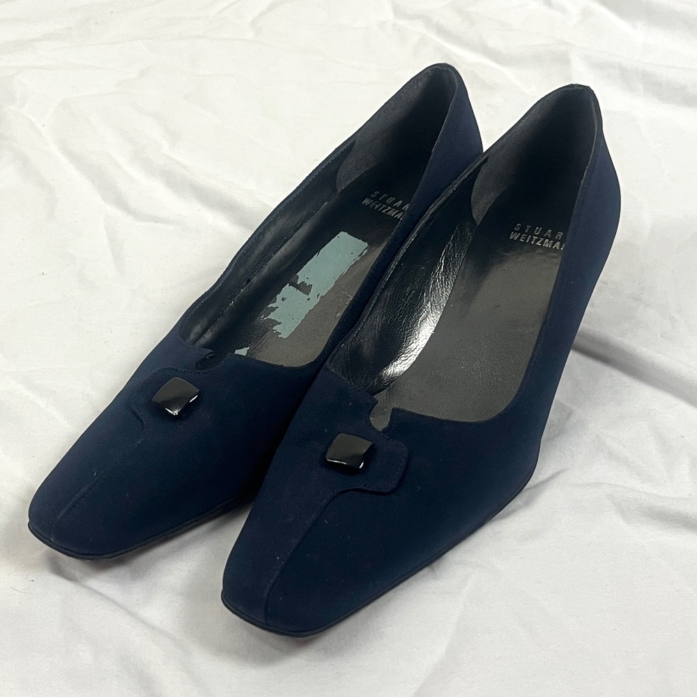Stuart Weitzman Women Kitten Heel Square Toe Sz 8.5 Navy Blue Office Work